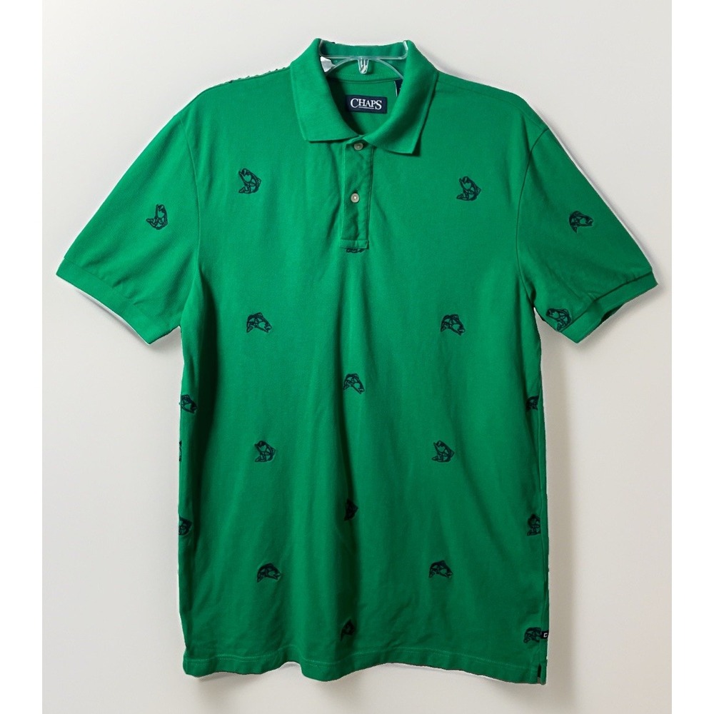 Chaps Ralph Lauren Green Polo Navy Blue Bass Fish Embroidered Medium Golf Spring